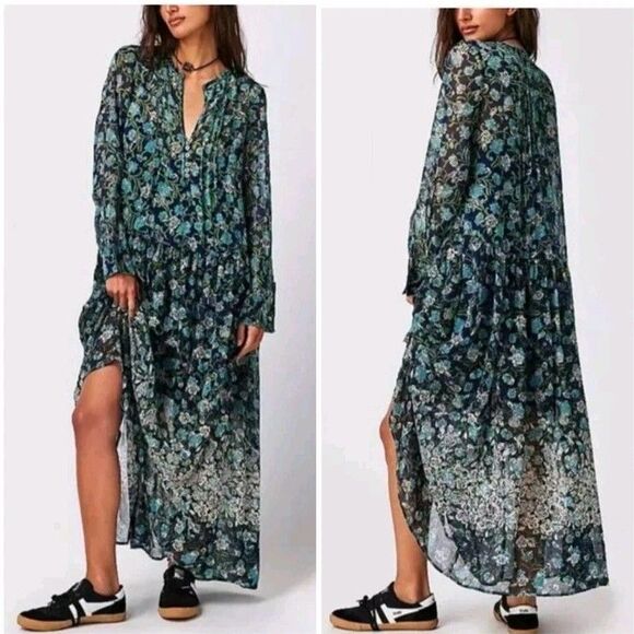 EUC Medium Free People Floral Blue Maxi Dress - Picture 2 of 7